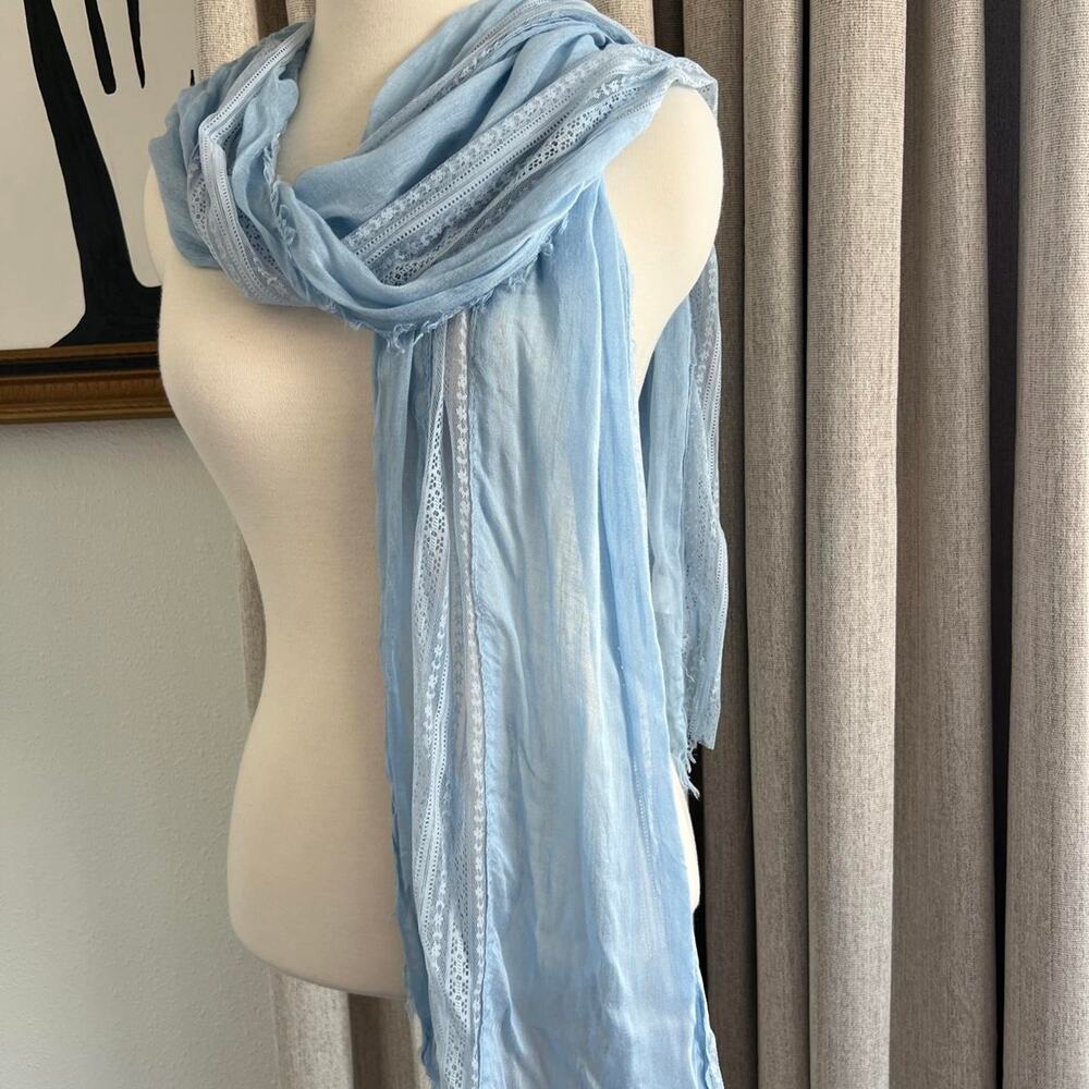 Maurices Light Blue Scarf Lace Panel Fringe Hem Lightweight Rayon NWT Women's OS